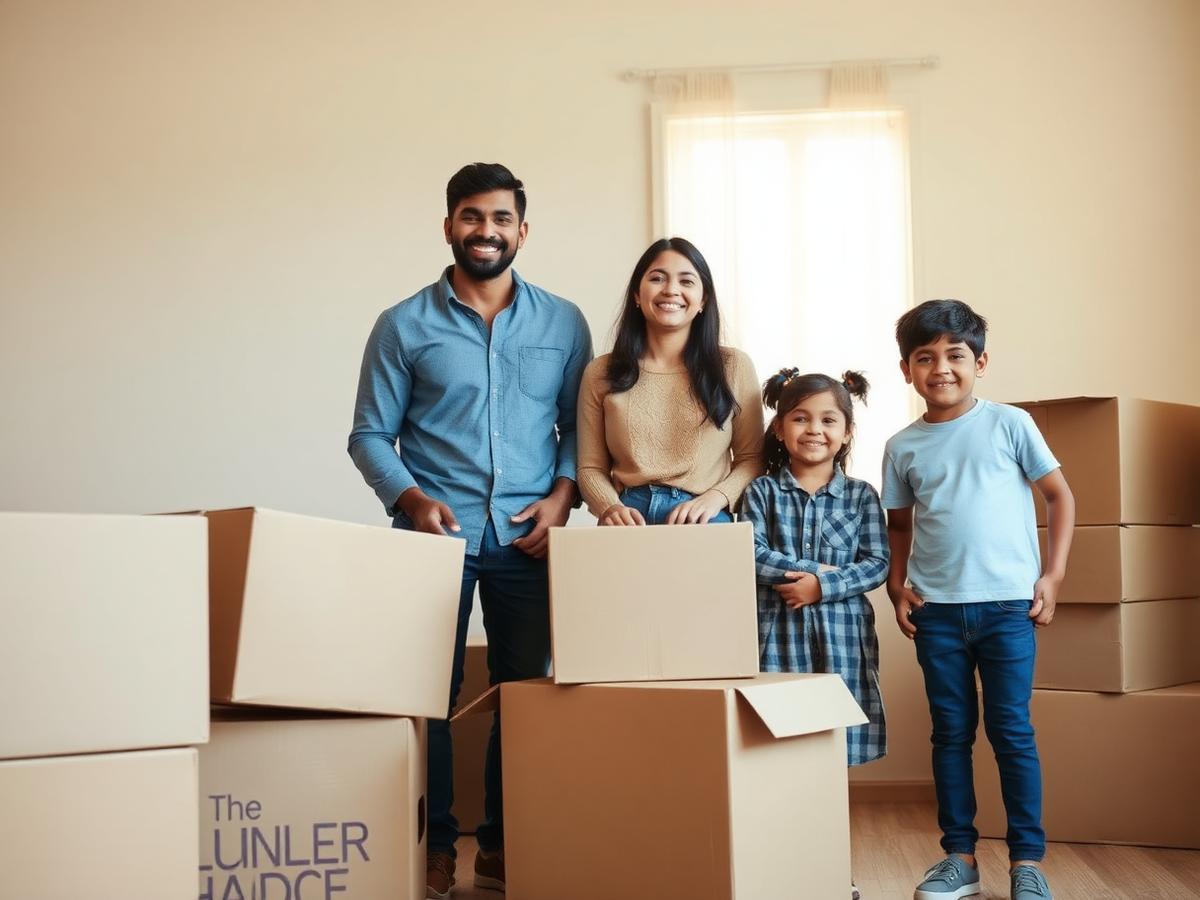 A happy family surrounded by boxes in their new home