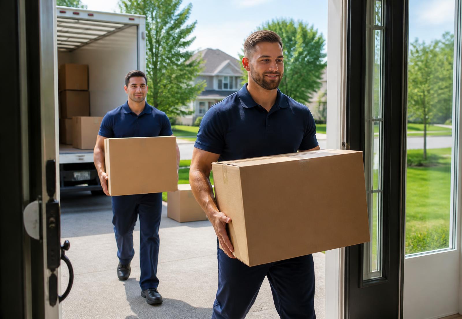 Two movers carrying boxes into a house